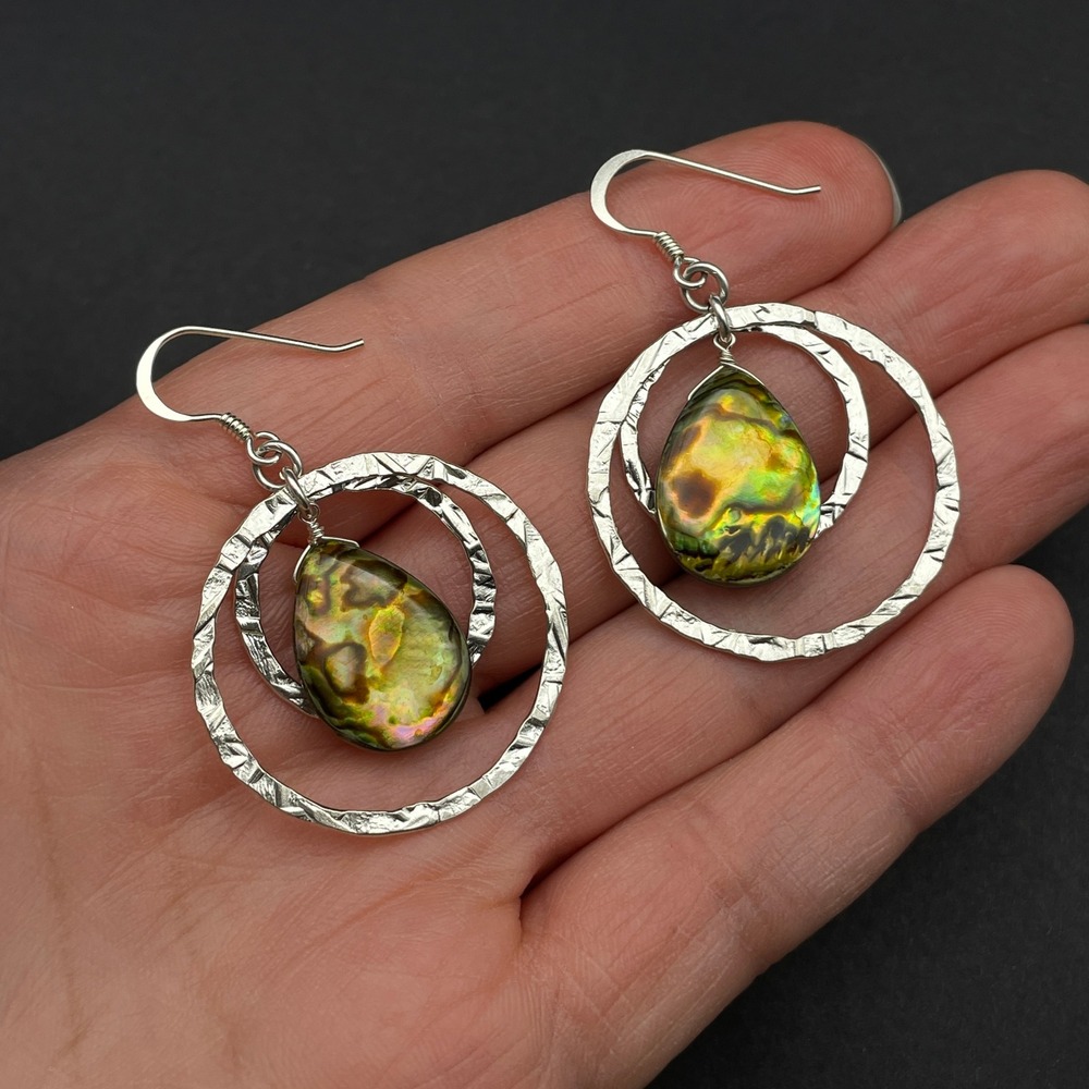Sterling Silver Abalone Shell Hoop Dangle Earrings Boho Beachy Earrings - Picture 7 of 8